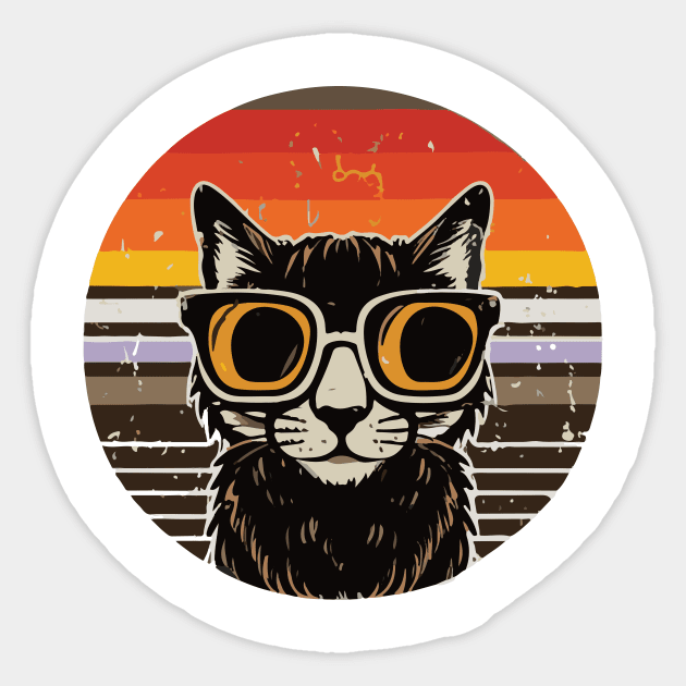 vintage brown a black cat in glasses, retro sunset Sticker by Diwa